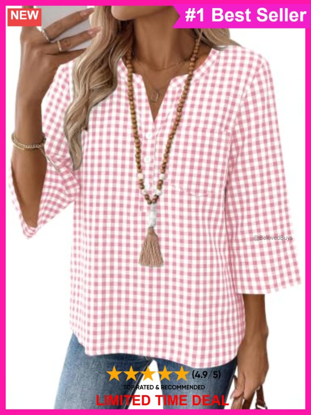 Linen Cotton V Neck 3/4 Sleeve Button Down Blouse Casual Work Top